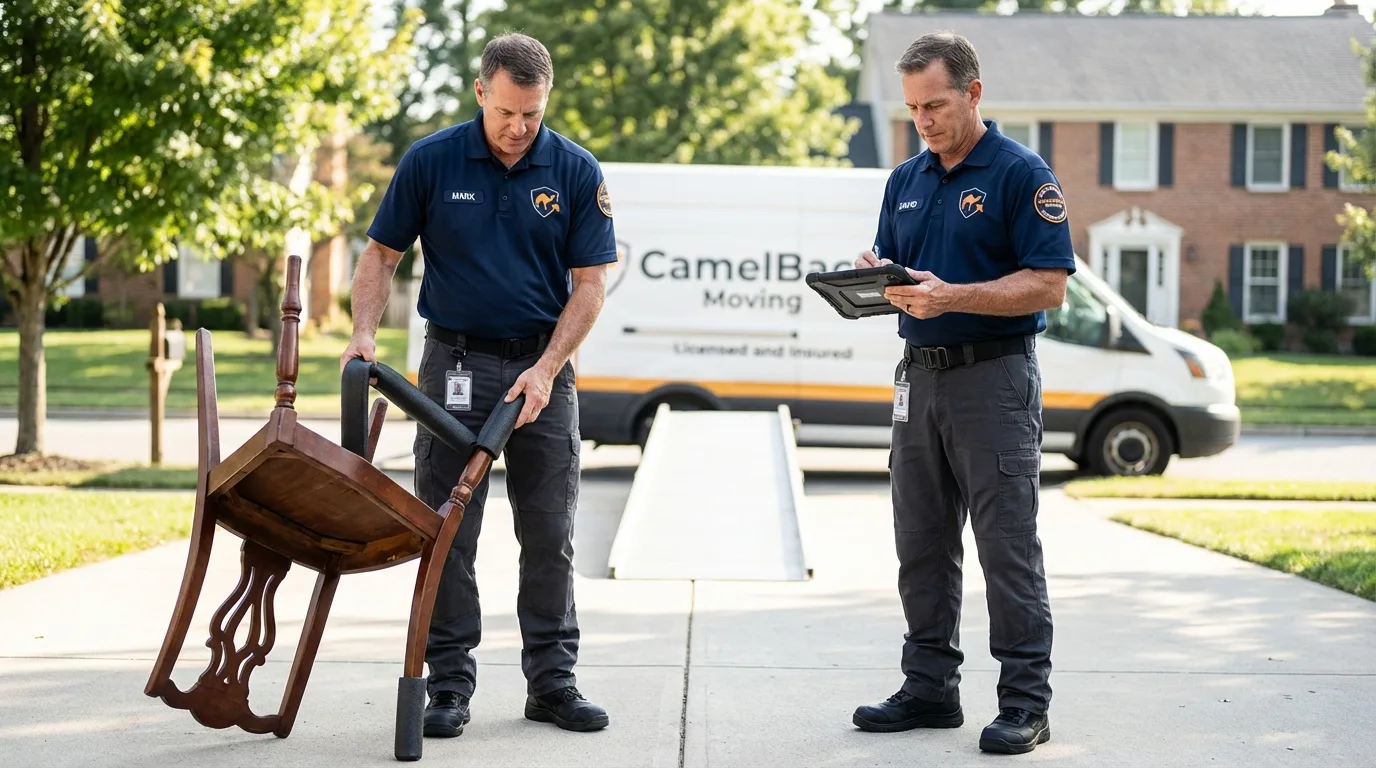 Movers inspecting furniture for damage prevention before loading in Fort Oglethorpe, GA