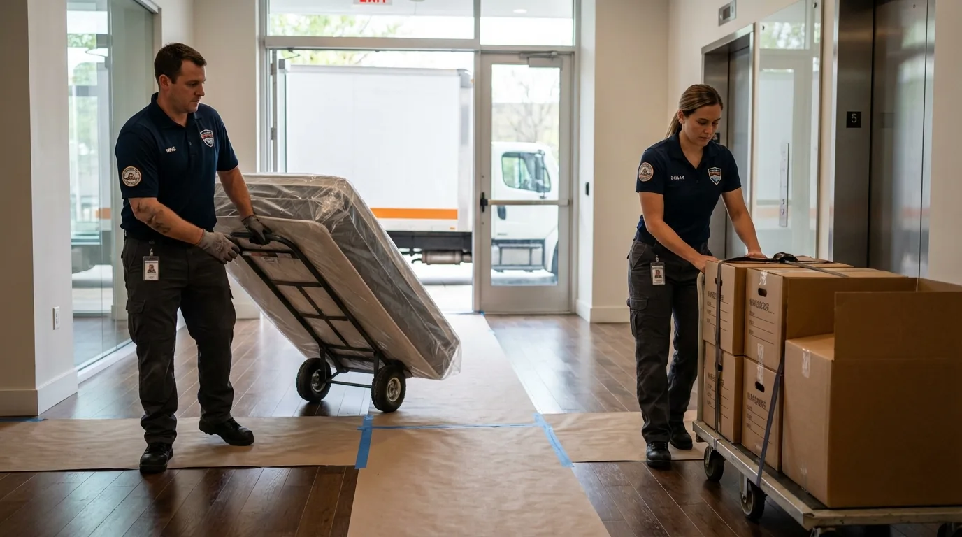 Professional apartment movers loading elevator in Fort Oglethorpe, GA
